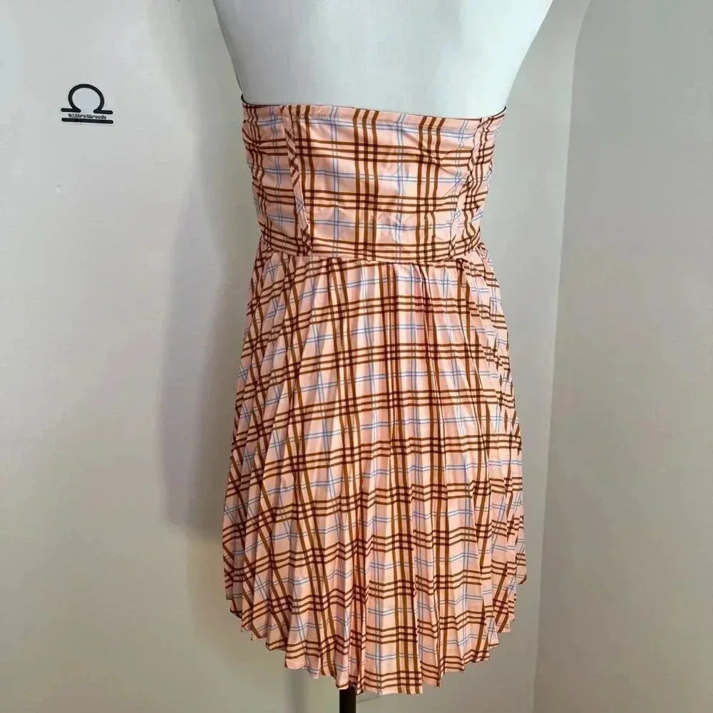 SHEIN Plaid Print Pleated Strapless Dress‎ XL